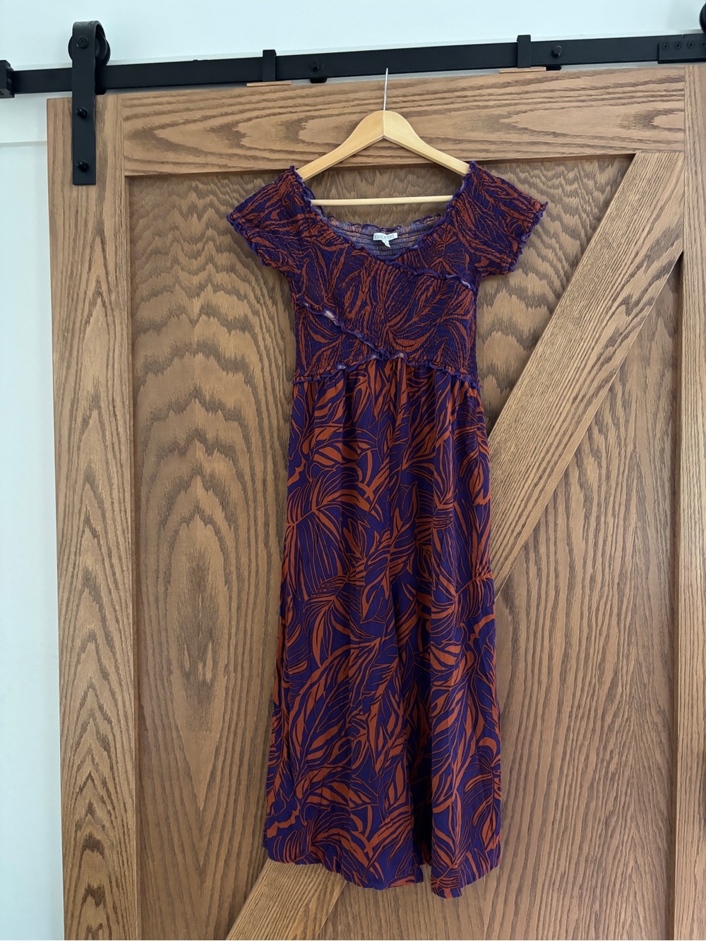 Patrons of Peace Wideleg Jumpsuit, rust orange and purple tropical foliage, S